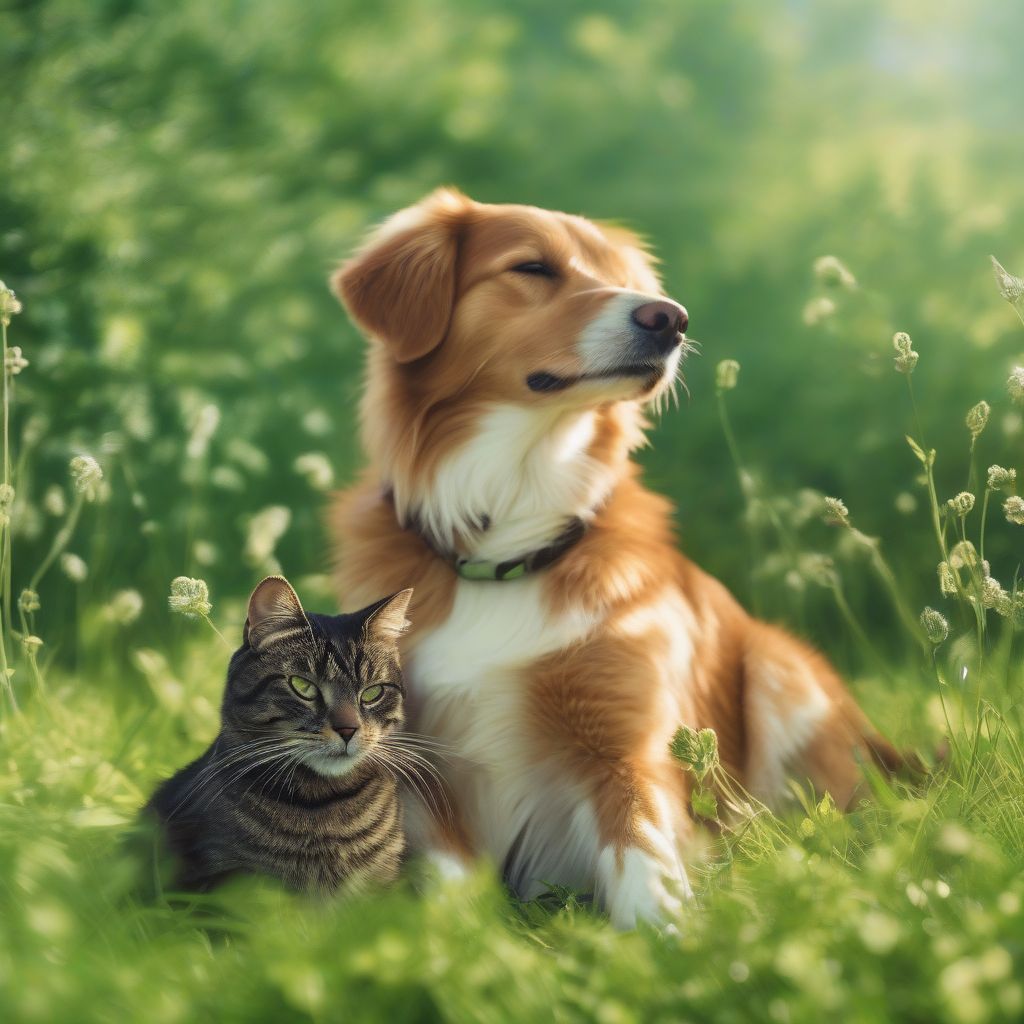 Dog and Cat Cuddling in a Green Meadow